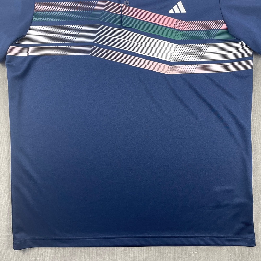 Adidas Mens Large Navy Blue Polo Shirt Geometric Chest Stripe Performance - Picture 5 of 8